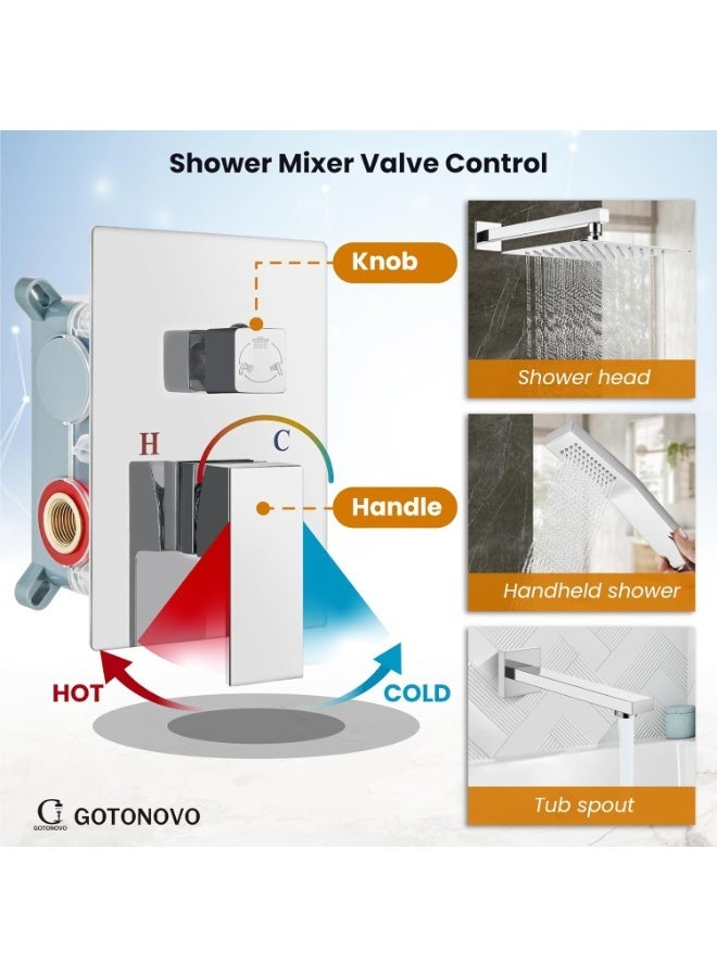 مجموعة نظام الاستحمام مع فوهة الحوض، مجموعة صنبور الاستحمام المثبت على الحائط بثلاث وظائف، رأس استحمام ممطر وموزع يدوي، مجموعة صمام تركيب أولي، مجموعة تجهيزات الاستحمام 10 بوصات بالكروم المصقول - Image 4